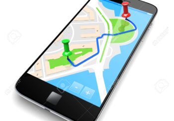 Mobile smartphone with gps travel map navigation app on a screen. 3d image