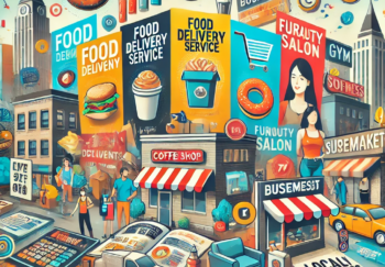 DALL·E 2025-03-09 19.25.35 - A visually engaging promotional flyer concept. The image features a mix of business types including a food delivery service, a coffee shop, a furnitur